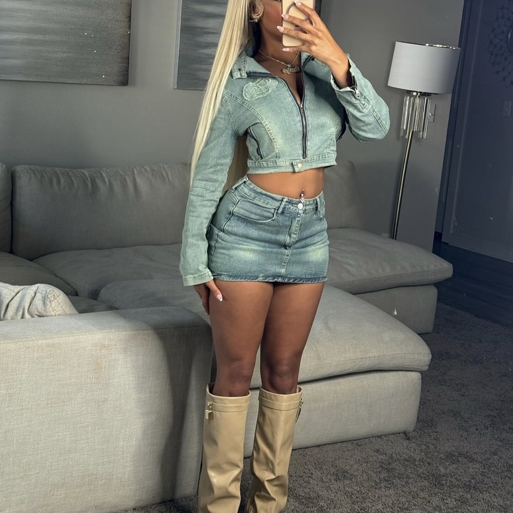 Stylish Denim Jacket and Skirt Set
